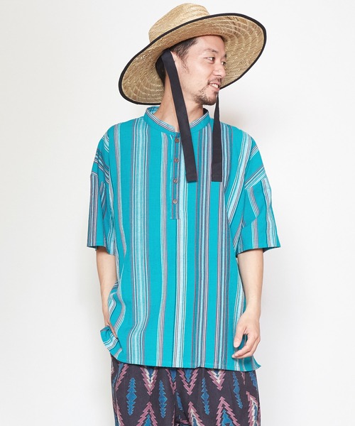 チャイハネ(チャイハネ)の「【チャイハネ】南インドの織り布 マルチストライプMEN'Sトップス(その他トップス・メンズ・ベージュ/レッド/ターコイズブルー・FREE)」の1枚目の写真