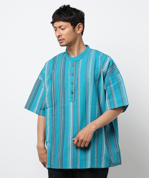 チャイハネ(チャイハネ)の「【チャイハネ】南インドの織り布 マルチストライプMEN'Sトップス(その他トップス・メンズ・ベージュ/レッド/ターコイズブルー・FREE)」の5枚目の写真