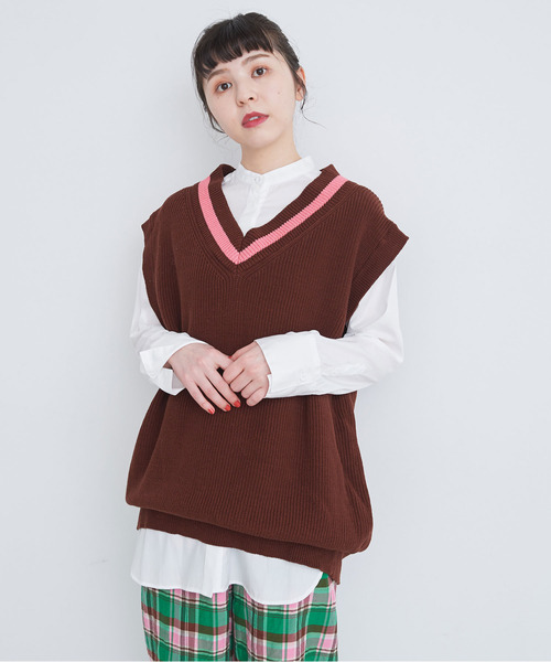 CHILD WOMAN（チャイルドウーマン）の「☆綿リリヤン　チルデンチュニックベスト（ニット/セーター・レディース・ネイビー系/アイボリー/ネイビー/ブラウン・FREE）」の2枚目の写真