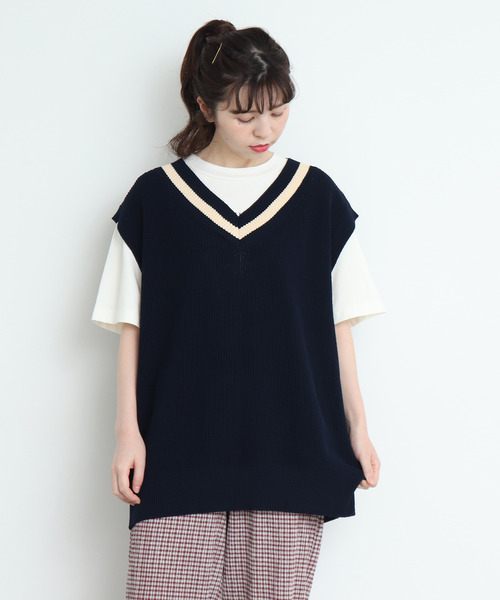 CHILD WOMAN（チャイルドウーマン）の「☆綿リリヤン　チルデンチュニックベスト（ニット/セーター・レディース・ネイビー系/アイボリー/ネイビー/ブラウン・FREE）」の5枚目の写真