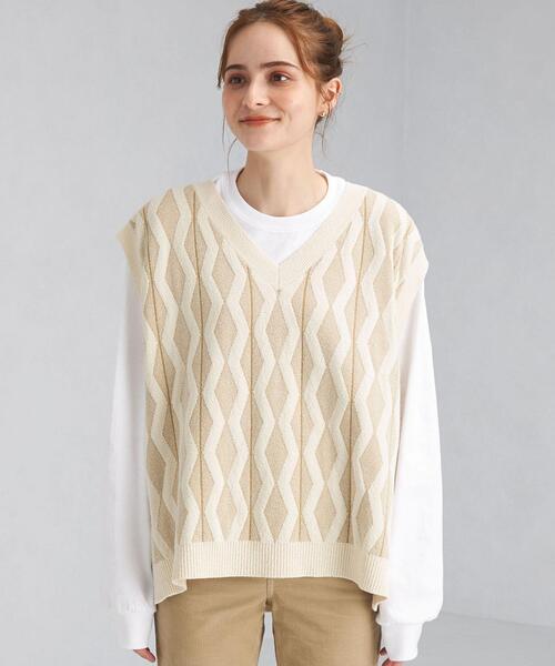 green label relaxing(グリーンレーベルリラクシング)の「ジャカード Vネック ベスト(ベスト・レディース・ナチュラル/オリーブ・FREE)」の3枚目の写真