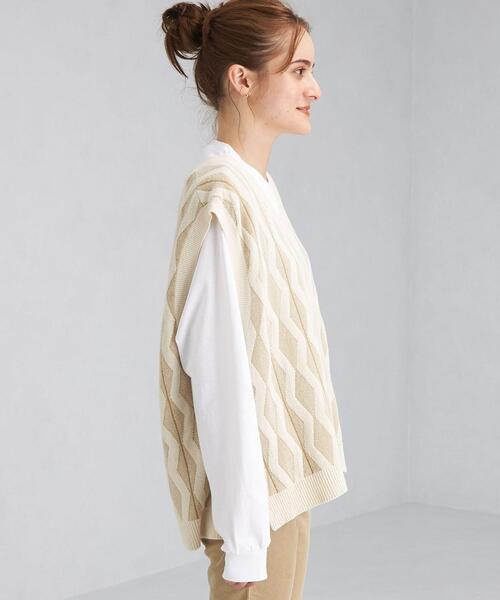 green label relaxing(グリーンレーベルリラクシング)の「ジャカード Vネック ベスト(ベスト・レディース・ナチュラル/オリーブ・FREE)」の4枚目の写真