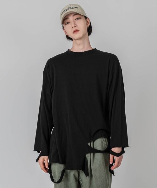 FOLLOWIN(フォロウィン)の「【UNISEX】グランジラウンドカッティングロングTシャツ(Tシャツ/カットソー・メンズ・ブラック/ブラウン/アイボリー・FREE)」の3枚目の写真
