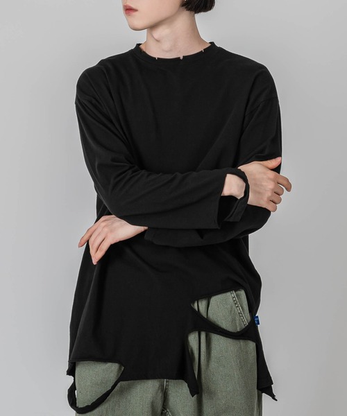 FOLLOWIN(フォロウィン)の「【UNISEX】グランジラウンドカッティングロングTシャツ(Tシャツ/カットソー・メンズ・ブラック/ブラウン/アイボリー・FREE)」の22枚目の写真