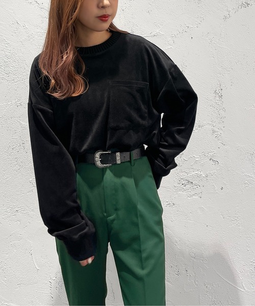 apres jour mignon(アプレジュールミニョン)の「ベロアポケット付きトップス【ZOZOTOWN限定アイテム】(Tシャツ/カットソー・レディース・パープル/ダークグリーン/ブラック・フリー/X-LARGE)」の2枚目の写真