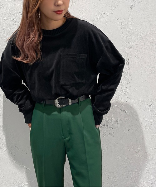 apres jour mignon(アプレジュールミニョン)の「ベロアポケット付きトップス【ZOZOTOWN限定アイテム】(Tシャツ/カットソー・レディース・パープル/ダークグリーン/ブラック・フリー/X-LARGE)」の4枚目の写真