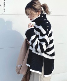 ＡＮＤＪ | 【ANDJ MADE】【2021/AW】2WAY肩ボタンタートルネックボーダー柄スリットニット(ニット/セーター)
