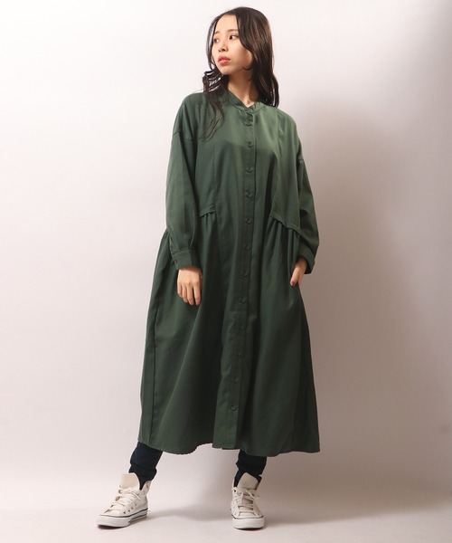 FUNALIVE（ファンアライブ）の「PAGE ONE バンドカラーサイドギャザー長袖ワンピース（ワンピース・レディース・グリーン/ベージュ/ブラック・M～Ｌ）」の3枚目の写真