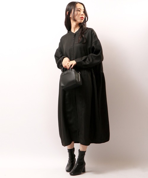 FUNALIVE（ファンアライブ）の「PAGE ONE バンドカラーサイドギャザー長袖ワンピース（ワンピース・レディース・グリーン/ベージュ/ブラック・M～Ｌ）」の2枚目の写真