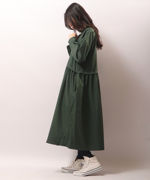 FUNALIVE（ファンアライブ）の「PAGE ONE バンドカラーサイドギャザー長袖ワンピース（ワンピース・レディース・グリーン/ベージュ/ブラック・M～Ｌ）」の7枚目の写真