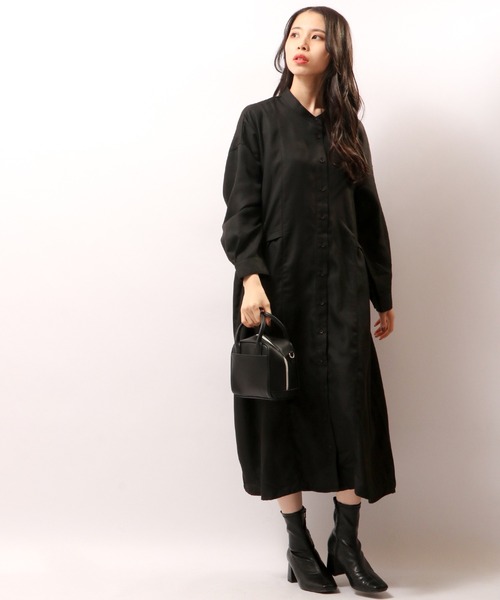 FUNALIVE（ファンアライブ）の「PAGE ONE バンドカラーサイドギャザー長袖ワンピース（ワンピース・レディース・グリーン/ベージュ/ブラック・M～Ｌ）」の6枚目の写真