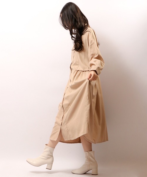 FUNALIVE（ファンアライブ）の「PAGE ONE バンドカラーサイドギャザー長袖ワンピース（ワンピース・レディース・グリーン/ベージュ/ブラック・M～Ｌ）」の15枚目の写真