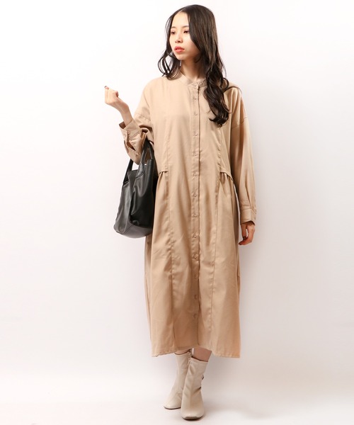 FUNALIVE（ファンアライブ）の「PAGE ONE バンドカラーサイドギャザー長袖ワンピース（ワンピース・レディース・グリーン/ベージュ/ブラック・M～Ｌ）」の5枚目の写真