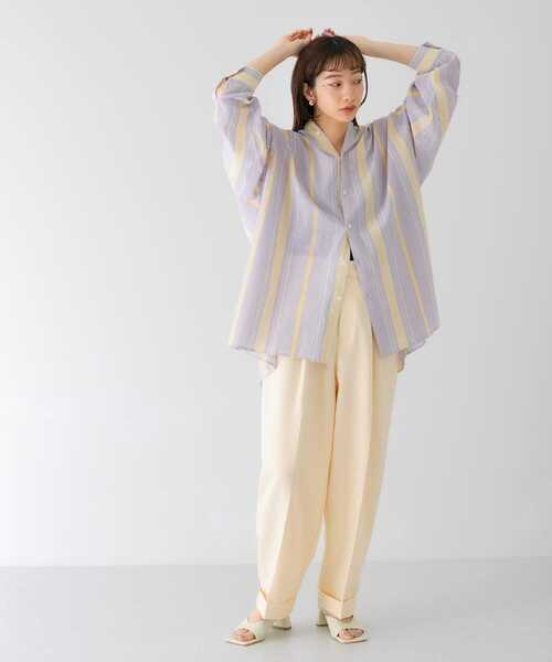 KBF（ケイビーエフ）の「マルチストライプBIGBIGシャツ（シャツ/ブラウス・レディース・ラベンダー/ライトブルー/ブラウン・ONE）」の17枚目の写真