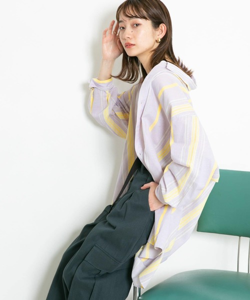 KBF（ケイビーエフ）の「マルチストライプBIGBIGシャツ（シャツ/ブラウス・レディース・ラベンダー/ライトブルー/ブラウン・ONE）」の18枚目の写真