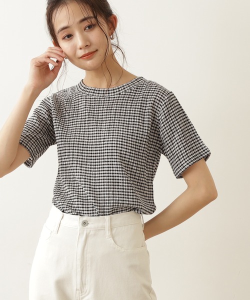 N.(N. Natural Beauty Basic)(エヌエヌナチュラルビューティーベーシック)の「◆ギンガムチェックTシャツ(Tシャツ/カットソー・レディース・ブラック系その他/グリーン系その他・MEDIUM)」の1枚目の写真