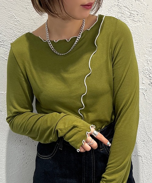 apres jour mignon（アプレジュールミニョン）の「メロー配色トップス【ZOZOTOWN限定アイテム】（Tシャツ/カットソー・レディース・グリーン/アイボリー/ブラック/オレンジ・X-LARGE/フリー）」の3枚目の写真