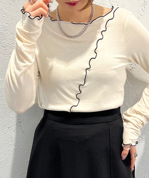 apres jour mignon（アプレジュールミニョン）の「メロー配色トップス【ZOZOTOWN限定アイテム】（Tシャツ/カットソー・レディース・グリーン/アイボリー/ブラック/オレンジ・X-LARGE/フリー）」の9枚目の写真