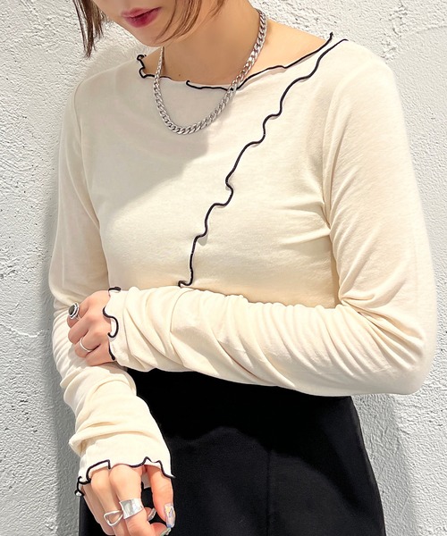 apres jour mignon（アプレジュールミニョン）の「メロー配色トップス【ZOZOTOWN限定アイテム】（Tシャツ/カットソー・レディース・グリーン/アイボリー/ブラック/オレンジ・X-LARGE/フリー）」の10枚目の写真