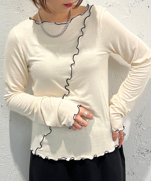apres jour mignon（アプレジュールミニョン）の「メロー配色トップス【ZOZOTOWN限定アイテム】（Tシャツ/カットソー・レディース・グリーン/アイボリー/ブラック/オレンジ・X-LARGE/フリー）」の12枚目の写真