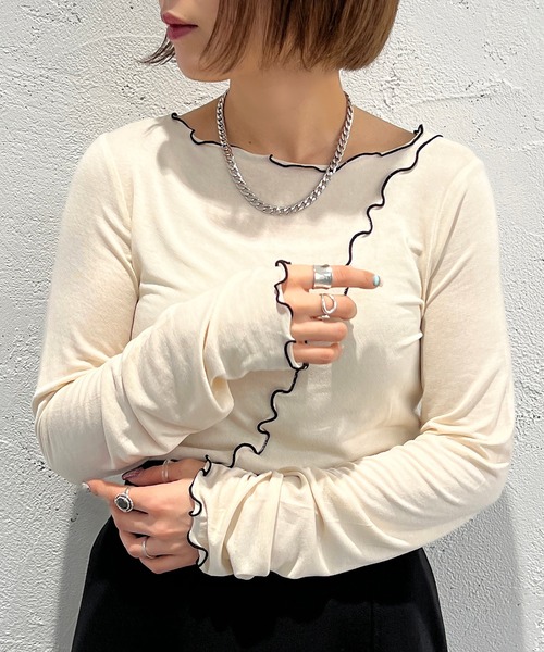 apres jour mignon（アプレジュールミニョン）の「メロー配色トップス【ZOZOTOWN限定アイテム】（Tシャツ/カットソー・レディース・グリーン/アイボリー/ブラック/オレンジ・X-LARGE/フリー）」の7枚目の写真