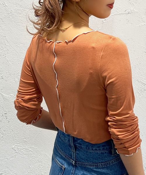 apres jour mignon（アプレジュールミニョン）の「メロー配色トップス【ZOZOTOWN限定アイテム】（Tシャツ/カットソー・レディース・グリーン/アイボリー/ブラック/オレンジ・X-LARGE/フリー）」の8枚目の写真