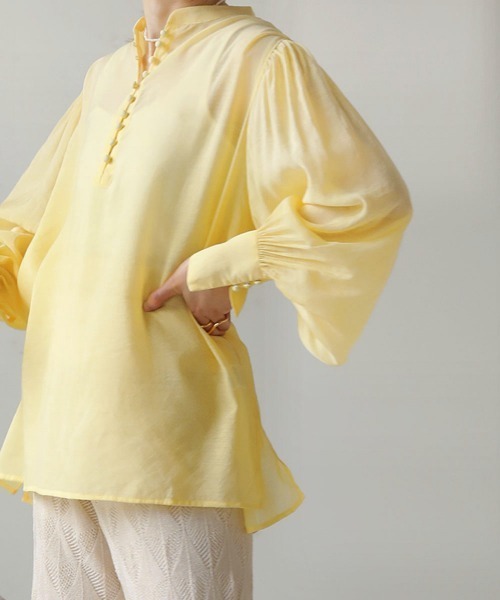 Bab（バブ）の「シアーギャザーカラーブラウス（シャツ/ブラウス・レディース・ブラック/ベージュ/ピンク/イエロー/グリーン・M）」の9枚目の写真