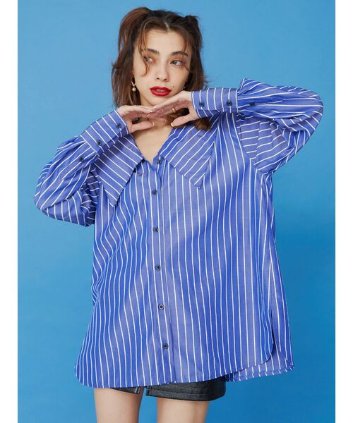 EVRIS(エヴリス)の「ストライプ BIG COLLAR シャツ(シャツ/ブラウス・レディース・ホワイト/ブルー/オレンジ・FREE)」の2枚目の写真