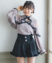 Wリボンレース切替ラッフルブラウス