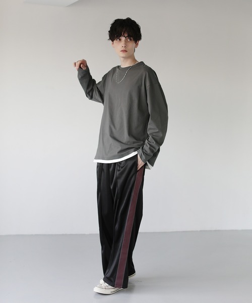 PEOPLESTYLE フェイクレイヤード 長袖Ｔシャツ ルーズ ロンT 白 カットソー Tシャツ ロンT 長袖Tシャツ メンズ 秋 冬 フェイク