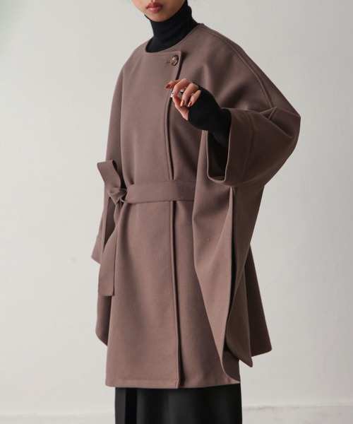 Chillfar（チルファー）の「ストール付きポンチョ（ノーカラーコート・レディース・モカ/グリーン/アイボリー/ベージュ/ブラック・FREE）」の21枚目の写真