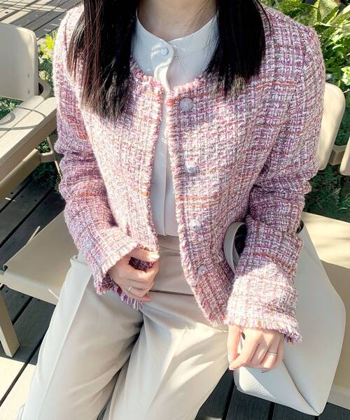 OPAQUE.CLIP（オペークドットクリップ）の「◆ファンシーツイードジャケット（ノーカラージャケット・レディース・ブルー系8/ピンク系8・38）」の9枚目の写真