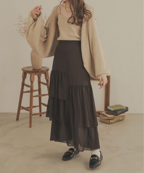 Ambre Neige（アンブルネージュ）の「ティアードスカート／WEB/EC限定商品（スカート・レディース・ダークブラウン/アイボリー/モカ・FREE）」の4枚目の写真