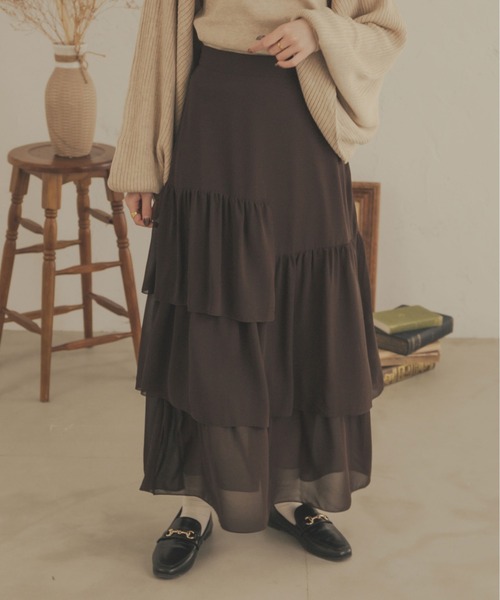 Ambre Neige（アンブルネージュ）の「ティアードスカート／WEB/EC限定商品（スカート・レディース・ダークブラウン/アイボリー/モカ・FREE）」の15枚目の写真