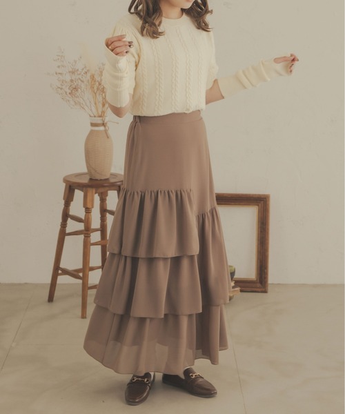 Ambre Neige（アンブルネージュ）の「ティアードスカート／WEB/EC限定商品（スカート・レディース・ダークブラウン/アイボリー/モカ・FREE）」の19枚目の写真