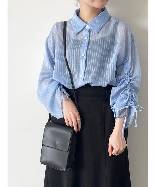 ehka sopo（エヘカソポ）の「シアーストライプ袖ドロストシャツ（シャツ/ブラウス・レディース・サックスブルー/オレンジ/ミント/オフホワイト・F）」の3枚目の写真