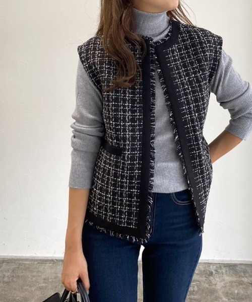 ノーカラーツイードジレ
