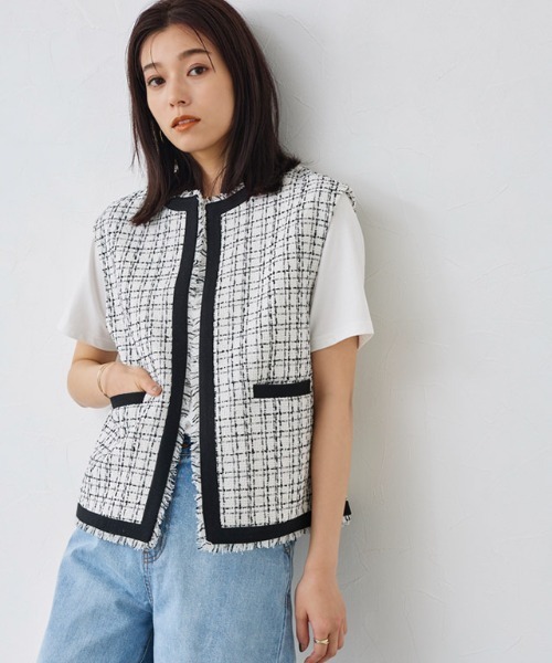 ノーカラーツイードジレ