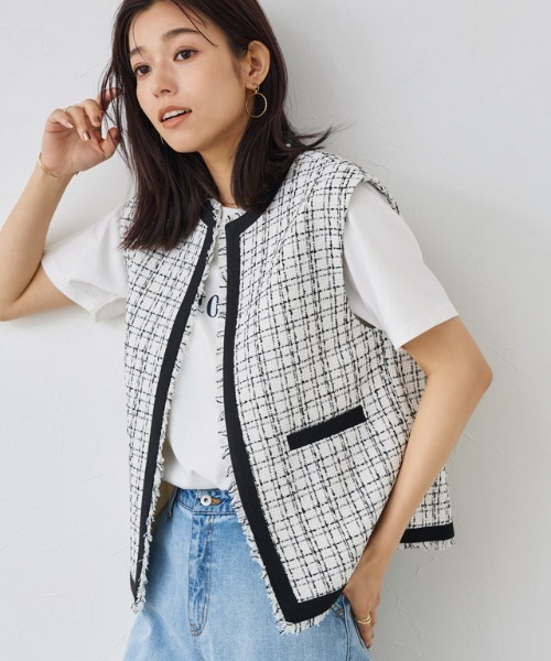 ノーカラーツイードジレ