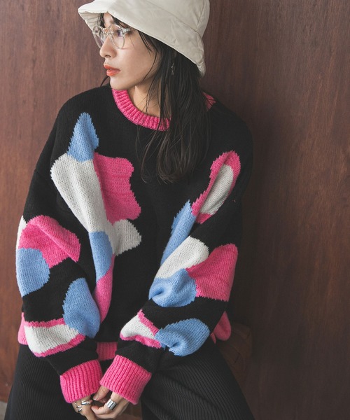 bohmal（ボマール）の「カラフルモチーフ柄オーバーサイズニット（ニット/セーター・レディース・ブラック/ネイビー/グレー・FREE）」の19枚目の写真