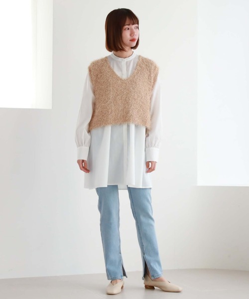 archives(アルシーヴ)の「シャギーベスト×シャツチュニックSET(チュニック・レディース・ピンクベージュ/アイボリー/ブラック・MEDIUM)」の4枚目の写真