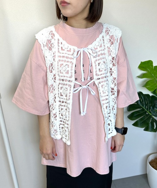 CRB（シーアールビー）の「リボンレースかぎ編みベスト（ベスト・レディース・ブラック/オフホワイト/アイボリー・F）」の5枚目の写真
