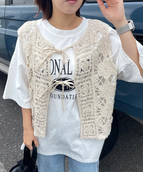 CRB（シーアールビー）の「リボンレースかぎ編みベスト（ベスト・レディース・ブラック/オフホワイト/アイボリー・F）」の20枚目の写真