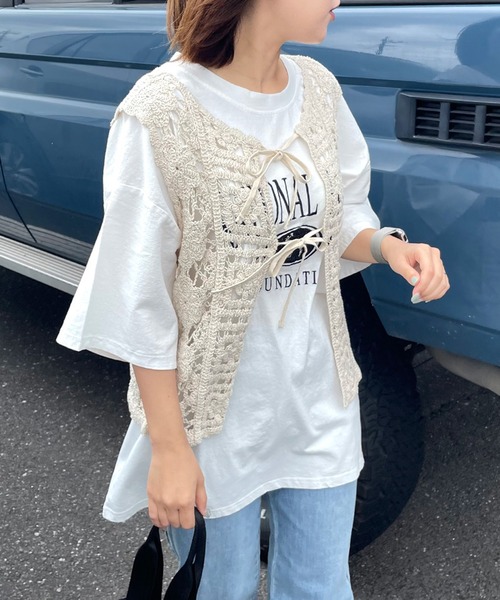 CRB（シーアールビー）の「リボンレースかぎ編みベスト（ベスト・レディース・ブラック/オフホワイト/アイボリー・F）」の21枚目の写真