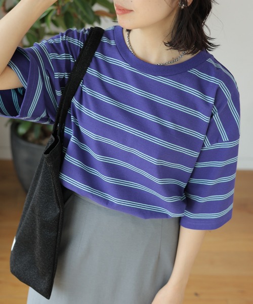 LEPSIM(レプシィム)の「ボーダーBIG-T 113331(Tシャツ/カットソー・レディース・ライトパープル/ベージュ/ブラウン・FREE)」の1枚目の写真