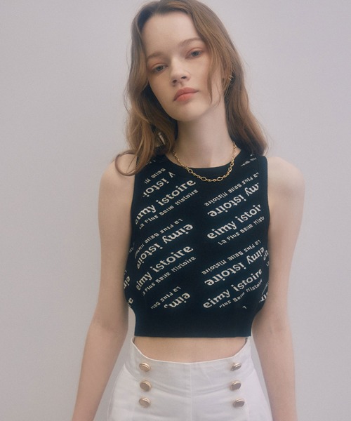 EIMY ISTOIRE(エイミーイストワール)の「バイヤスジャガードロゴクロップタンクトップ(タンクトップ・レディース・ブラック/ホワイト・FREE)」の2枚目の写真