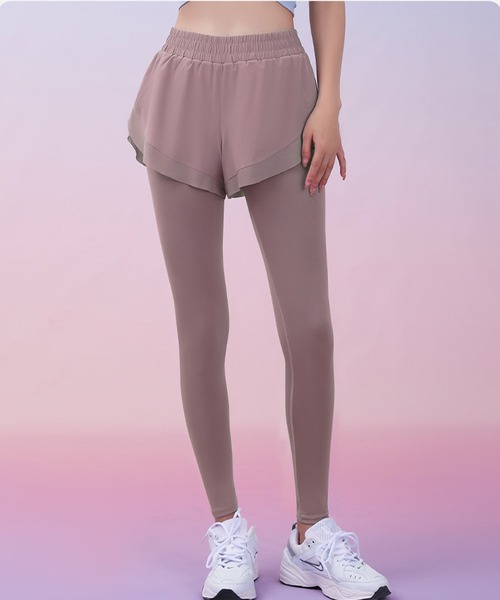 セール】フェイクレイヤード ポケット付き ヨガ レギンス ボトム