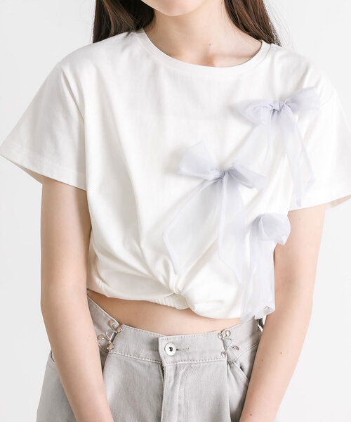 新品タグ付き　Blumarine リボンラインストーンTシャツ サイズ40 白 リボンTシャツ 1041060740（Tシャツ/カットソー）｜OLIVE des
