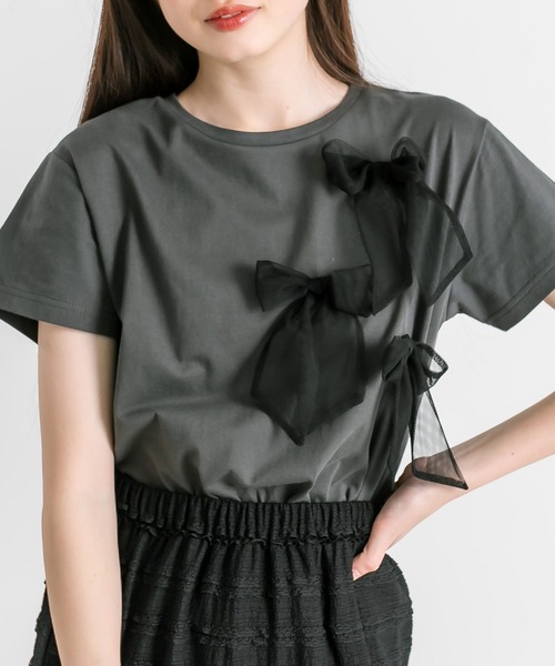 OLIVE des OLIVE（オリーブデオリーブ）の「リボンTシャツ　1041060740（Tシャツ/カットソー・レディース・ブラック/オフホワイト・FREE）」の2枚目の写真