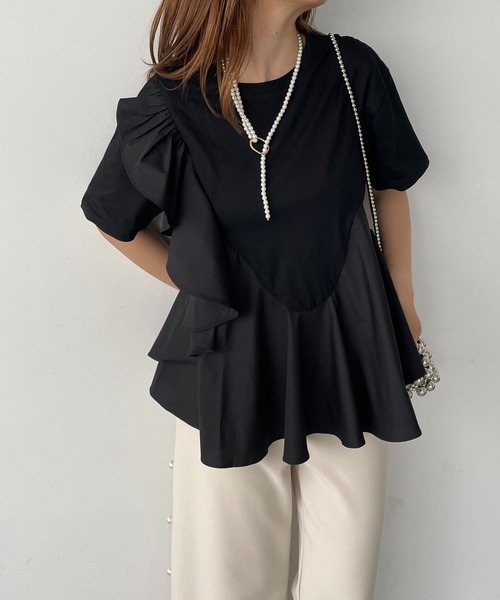 antic rag(アンティックラグ)の「オーガンジーフリルドッキングトップス(Tシャツ/カットソー・レディース・ホワイト/ブラック・FREE)」の2枚目の写真